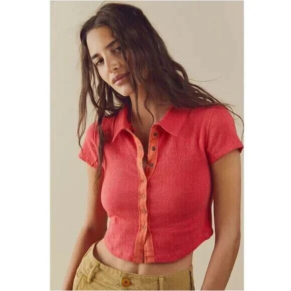 Free People Fifi Cropped Polo T Shirt Sz medium - Picture 1 of 7